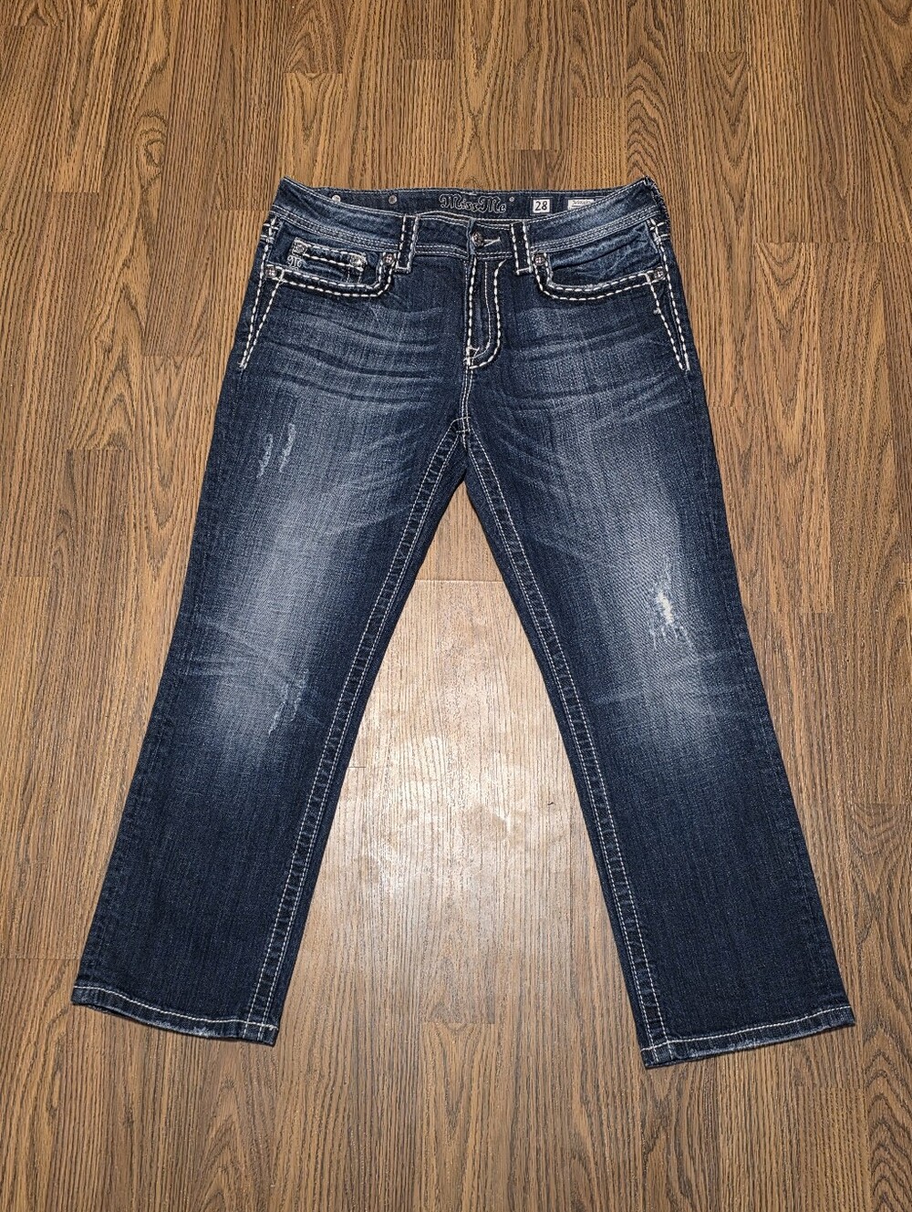 Miss Me Womens Distressed Boyfriend Capri Jeans Size 28 Contrast Stitch F11